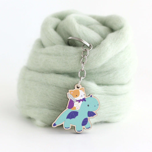 Cat and Dragon Knight Wooden Keychain - Sustainable Gift - Cat Keychain