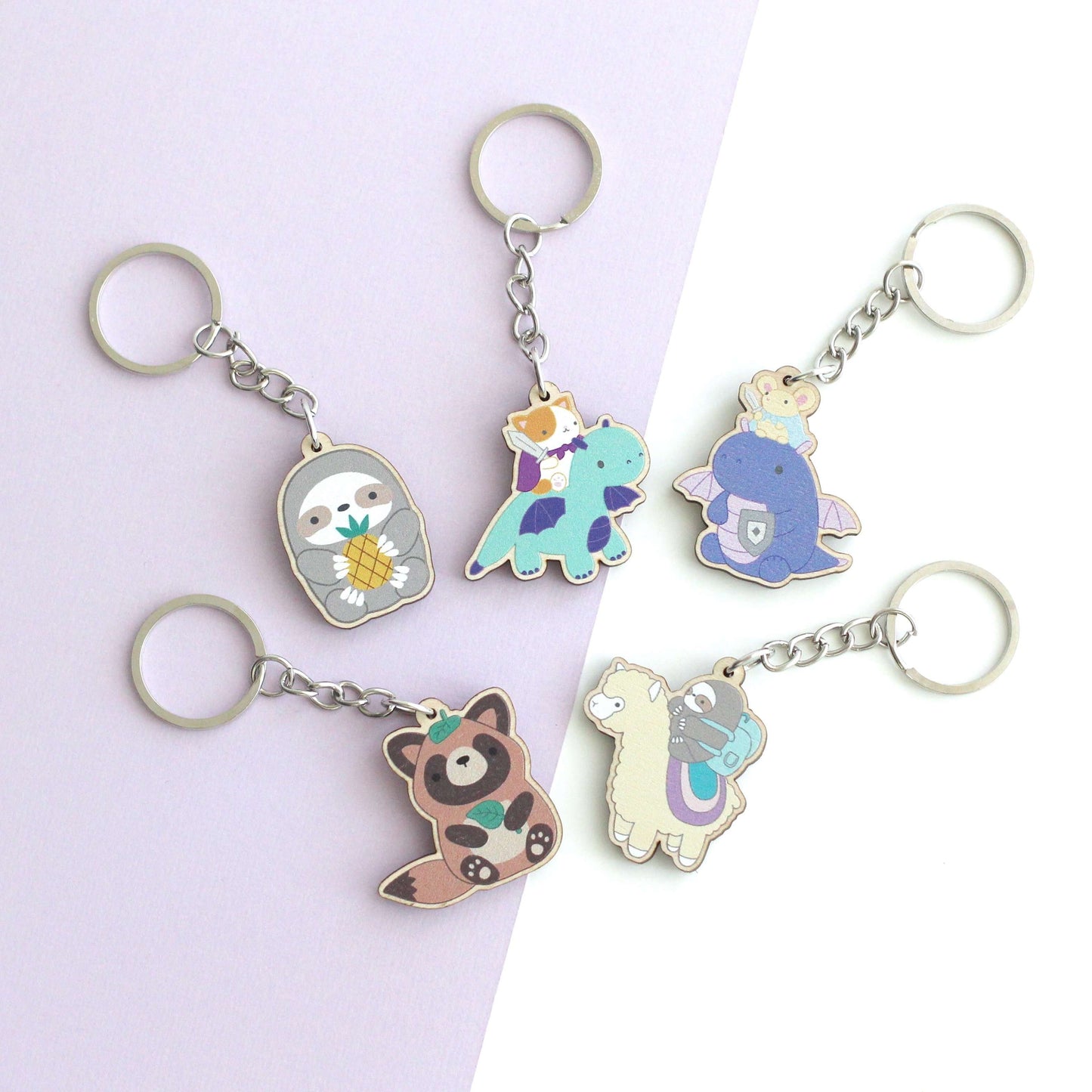 Cat and Dragon Knight Wooden Keychain - Sustainable Gift - Cat Keychain