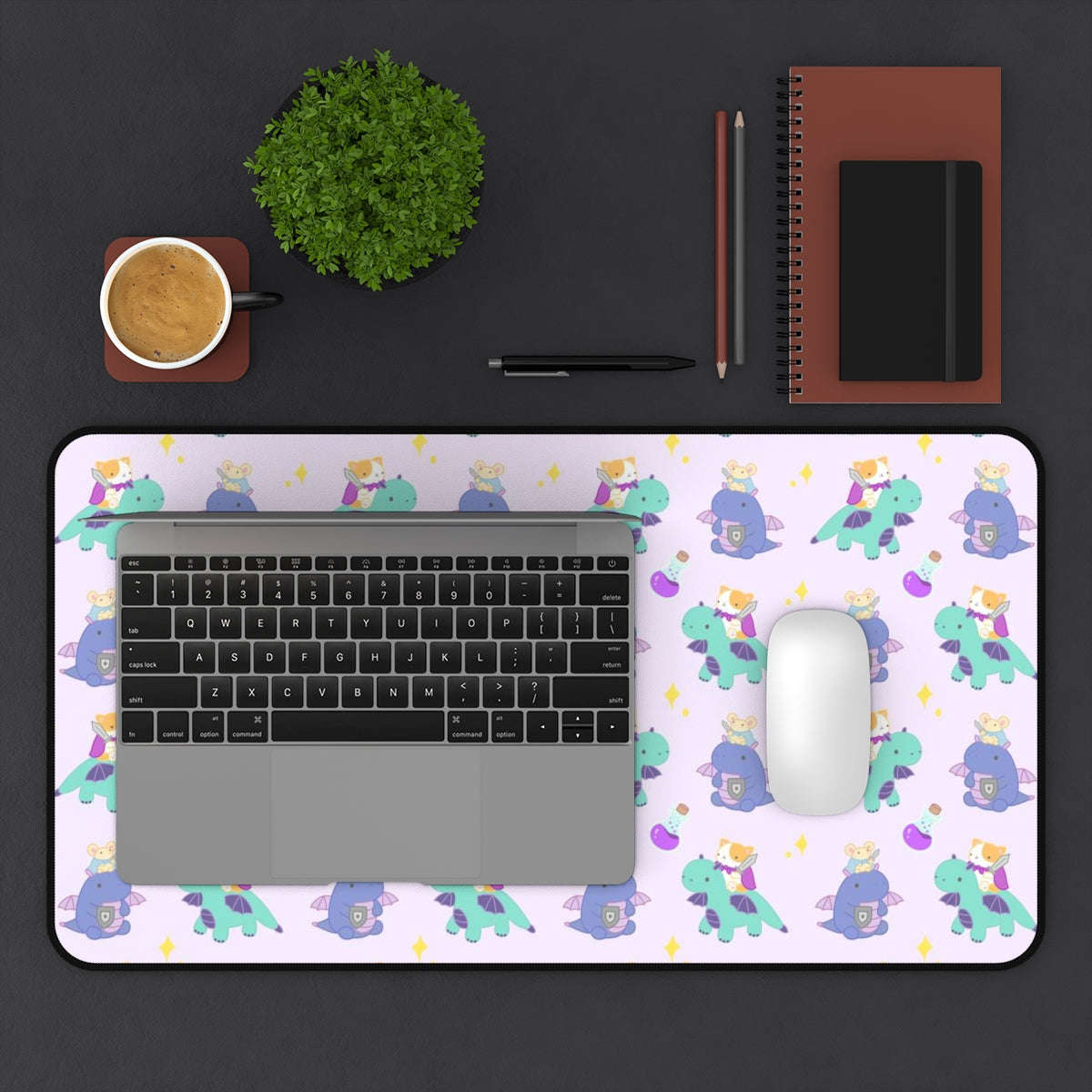 Cat and Mouse Dragon Knight Desk Mat - Large Mouse Pad: 12" × 22"