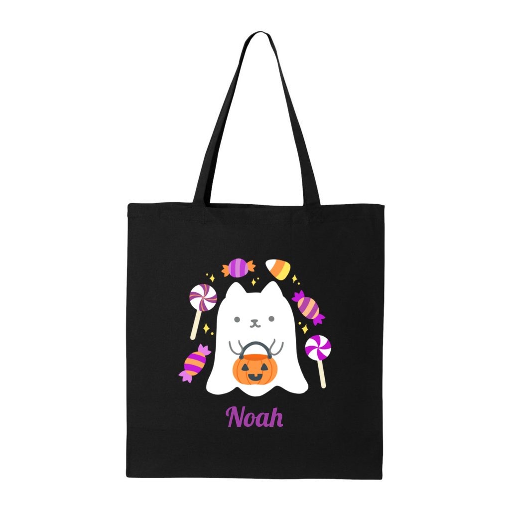 Personalized Ghost Cat Halloween Trick or Treat Tote Bag: Black