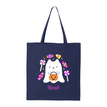 Personalized Ghost Cat Halloween Trick or Treat Tote Bag: Navy