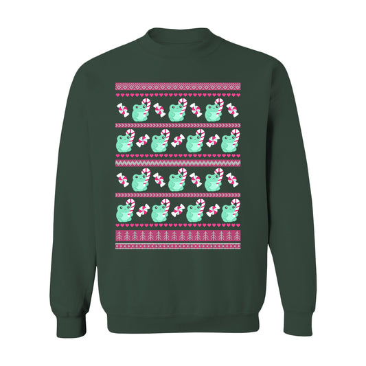 Candy Cane Frog Christmas Sweatshirt: S / Forest Green
