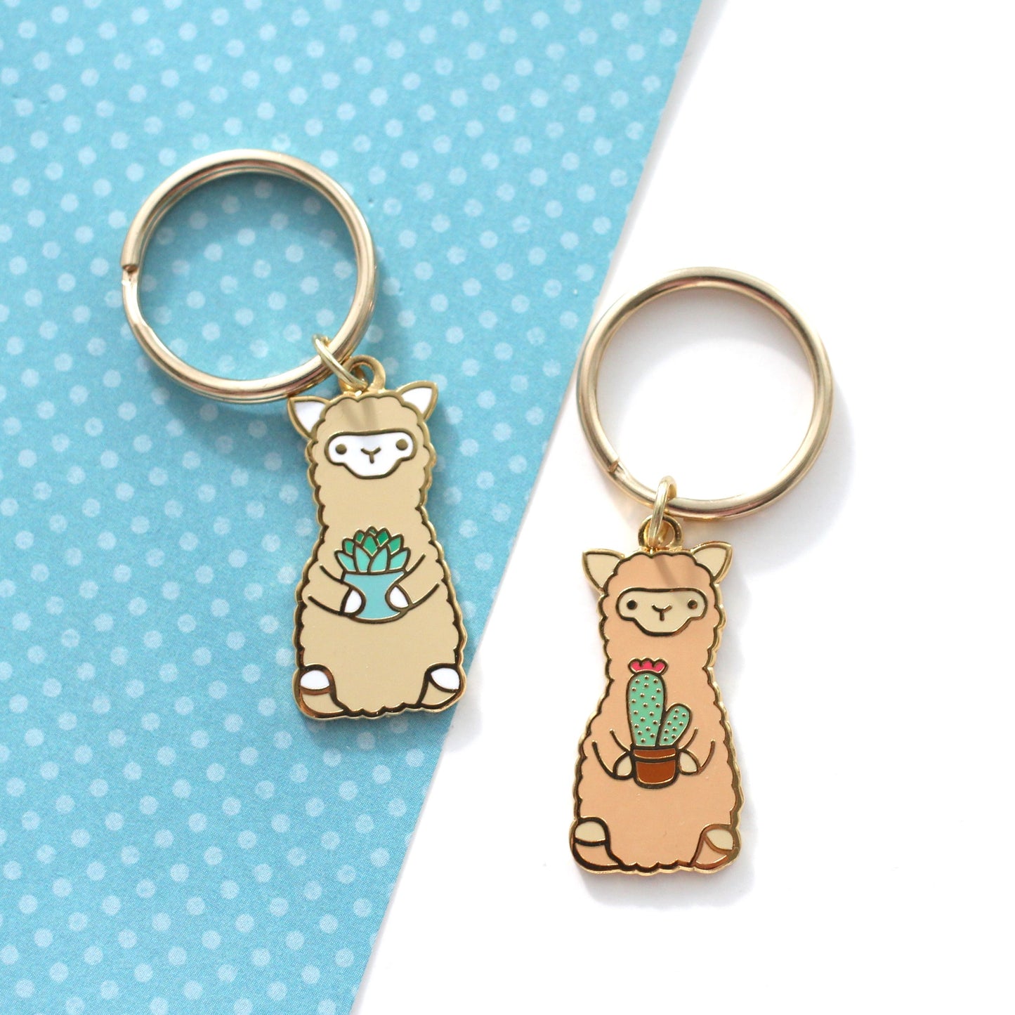 Alpaca Enamel Keychain Set of 2: Cactus + Succulent. Cute Llama Keyring Charms