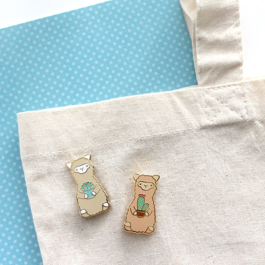 Alpaca Enamel Pin Set of 2: Cactus and Succulent Alpaca Pins. Cute Llama Pins