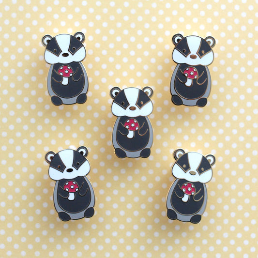 Badger holding Red Mushroom Enamel Pin. Woodland Animal Badge