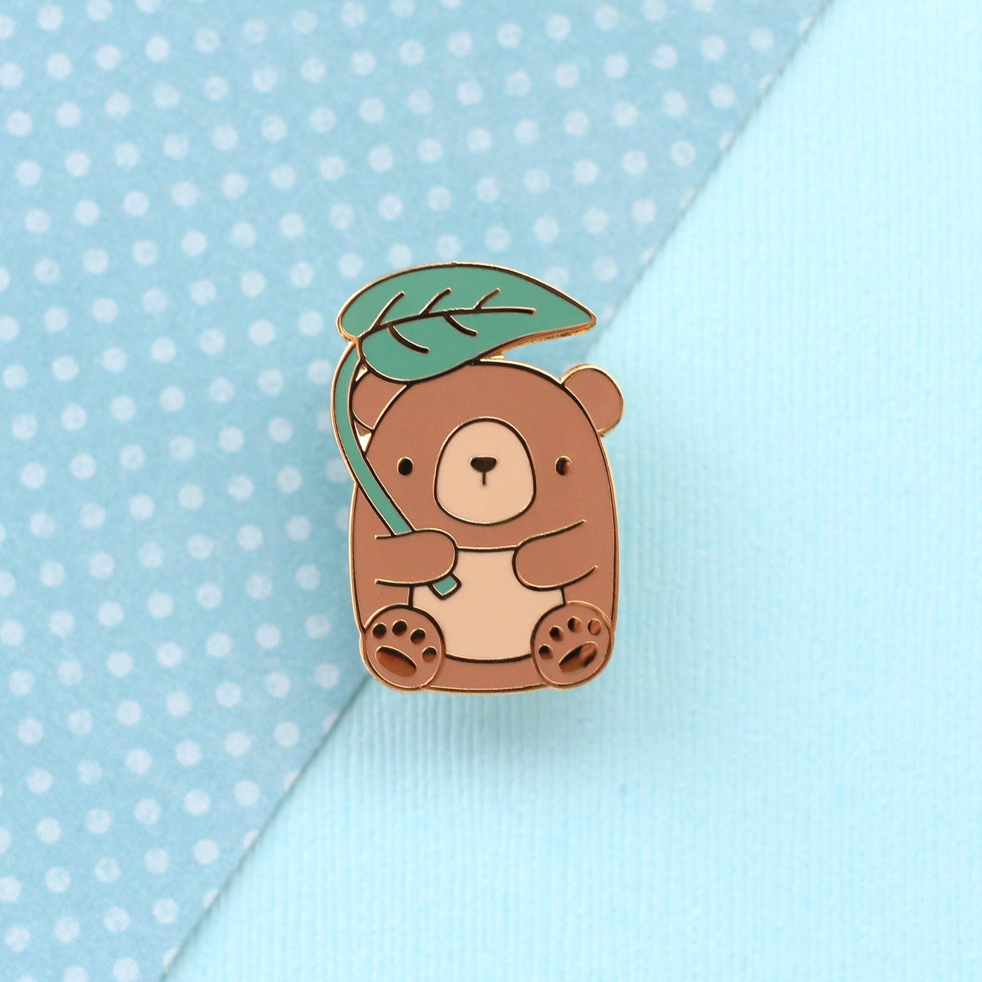 Brown Bear with Leaf Umbrella Enamel Pin. Cute Bear Gift. Woodland Animal Accessory: Gold Plating