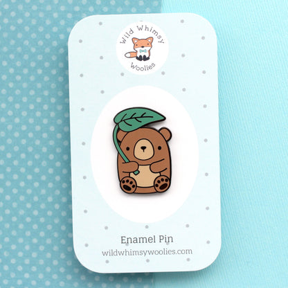 Brown Bear with Leaf Umbrella Enamel Pin. Cute Bear Gift. Woodland Animal Accessory