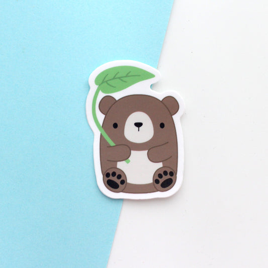 Brown Bear with Leaf Umbrella Vinyl Sticker. Laptop and Phone Decal