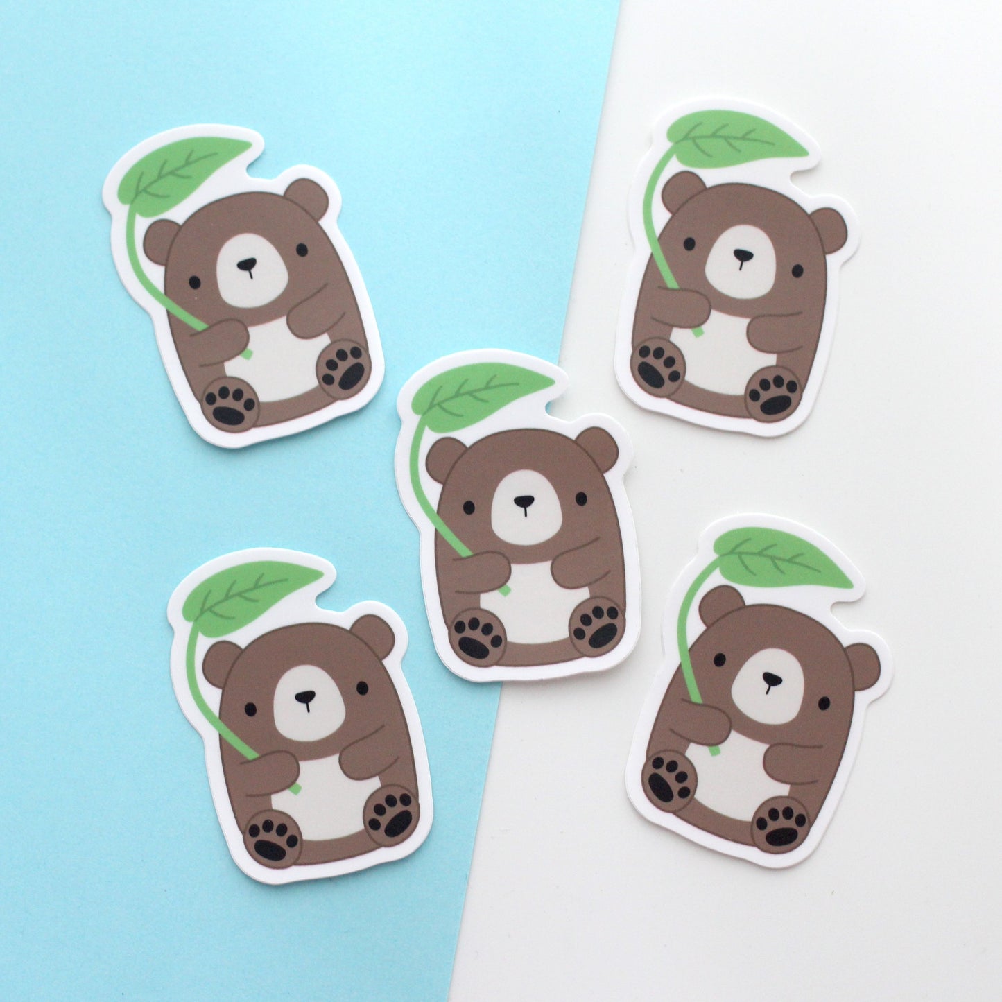 Brown Bear with Leaf Umbrella Vinyl Sticker. Laptop and Phone Decal