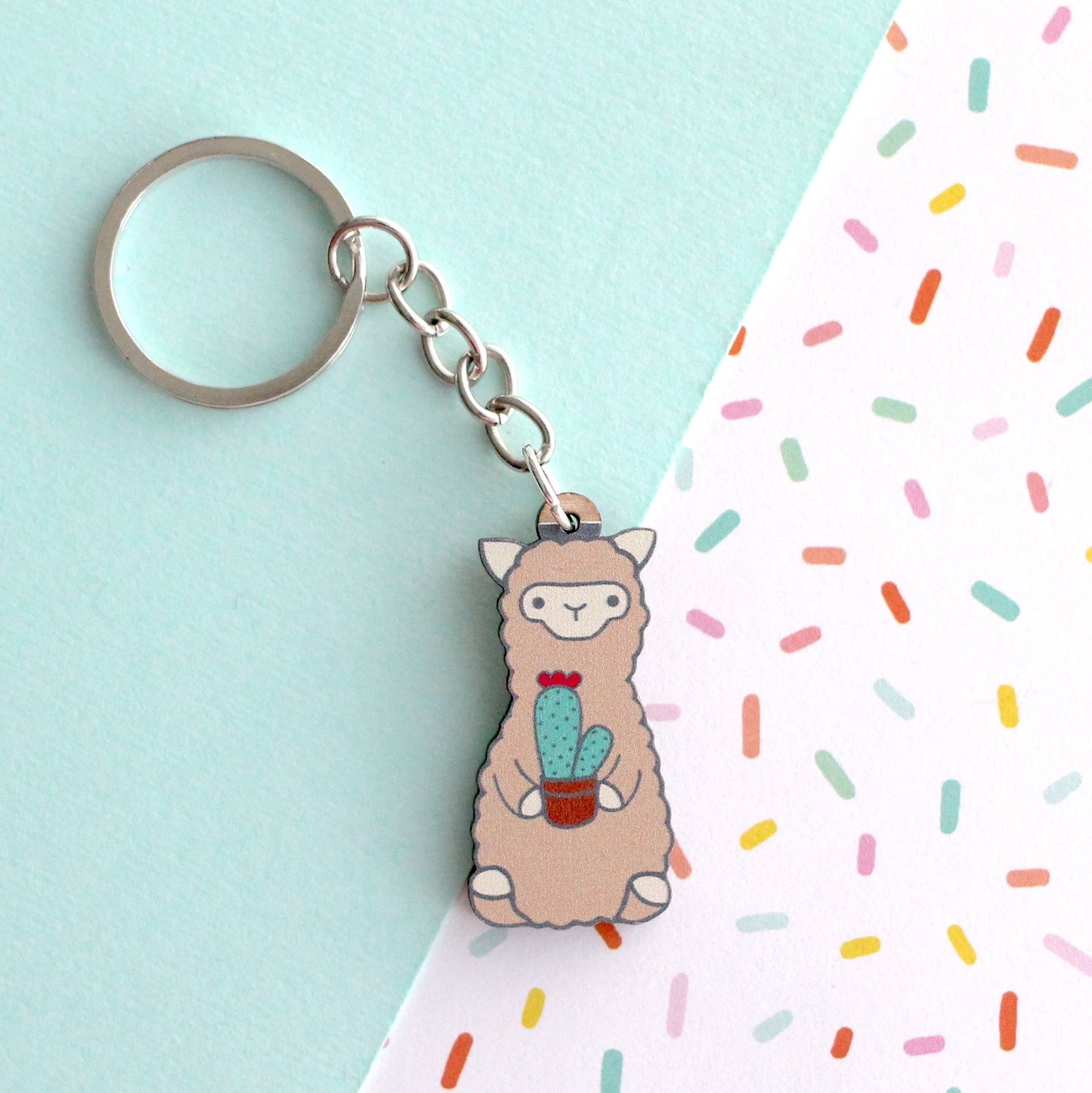 Cactus Alpaca Wooden Keychain - Sustainable Gift - Llama Gift