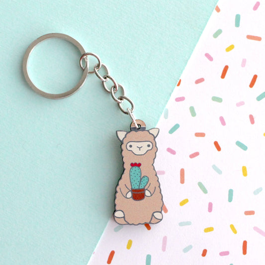 Cactus Alpaca Wooden Keychain - Sustainable Gift - Llama Gift