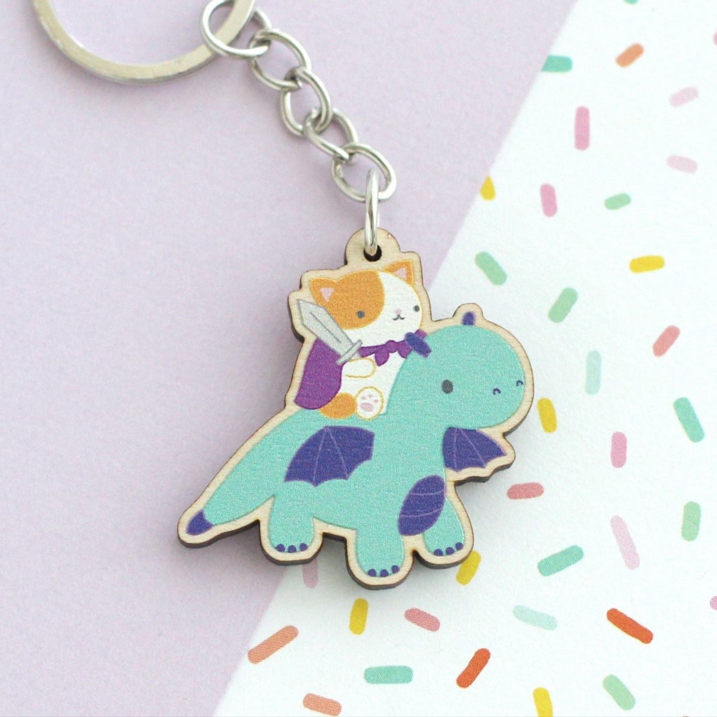 Cat and Dragon Knight Wooden Keychain - Sustainable Gift - Cat Keychain