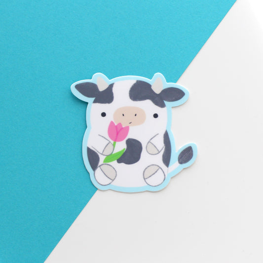 Cow Holding Tulip Vinyl Sticker
