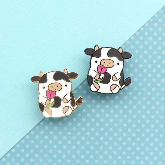 Cow Enamel Pin. Cute Cow Holding a Tulip. Kawaii Cow Pin