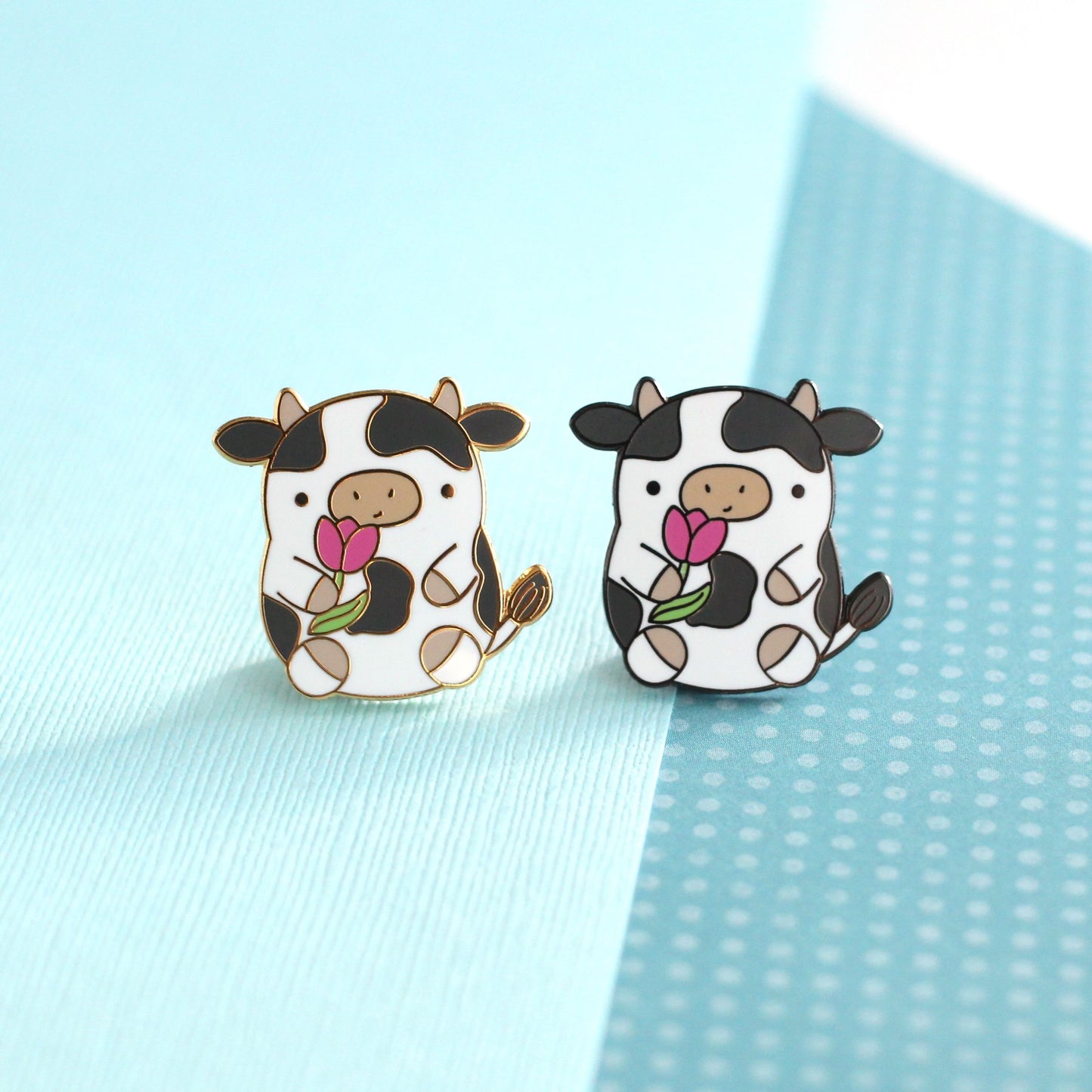 Cow Enamel Pin. Cute Cow Holding a Tulip. Kawaii Cow Pin