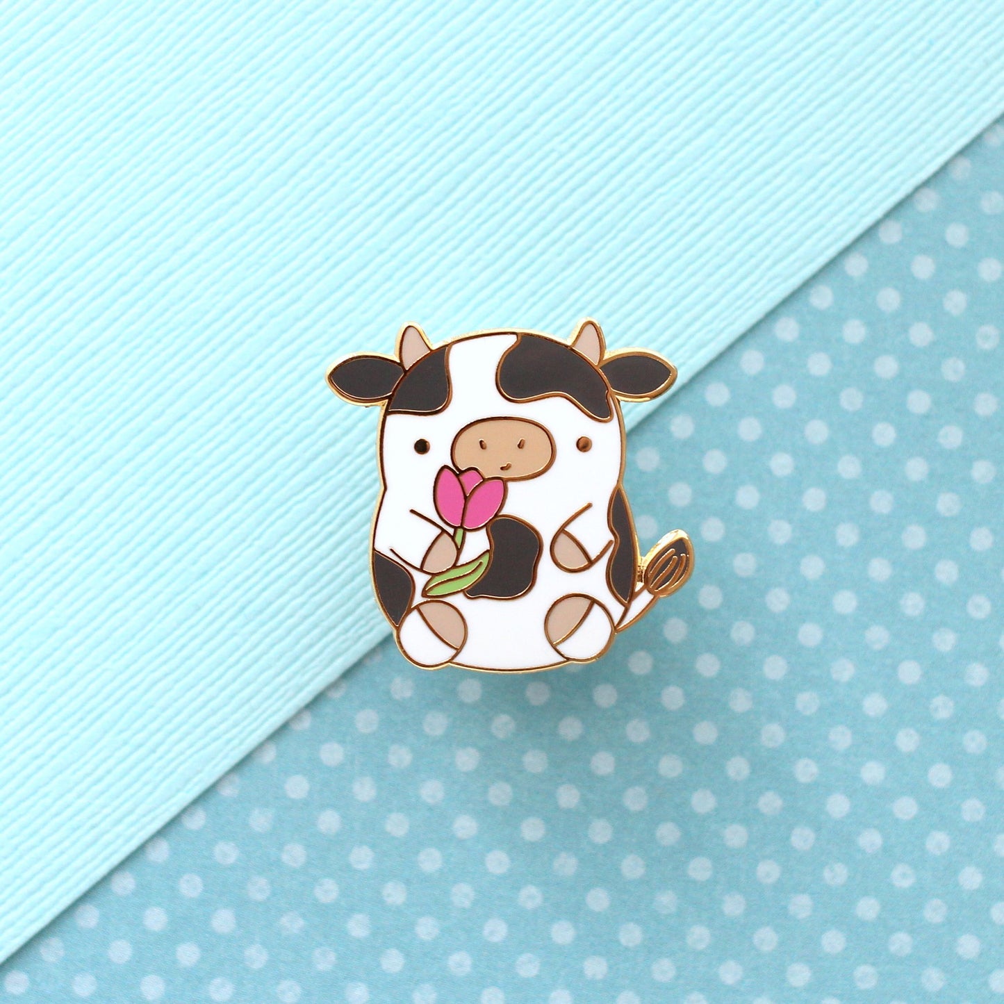Cow Enamel Pin. Cute Cow Holding a Tulip. Kawaii Cow Pin: Gold Plating