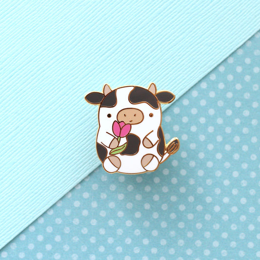 Cow Enamel Pin. Cute Cow Holding a Tulip. Kawaii Cow Pin: Gold Plating