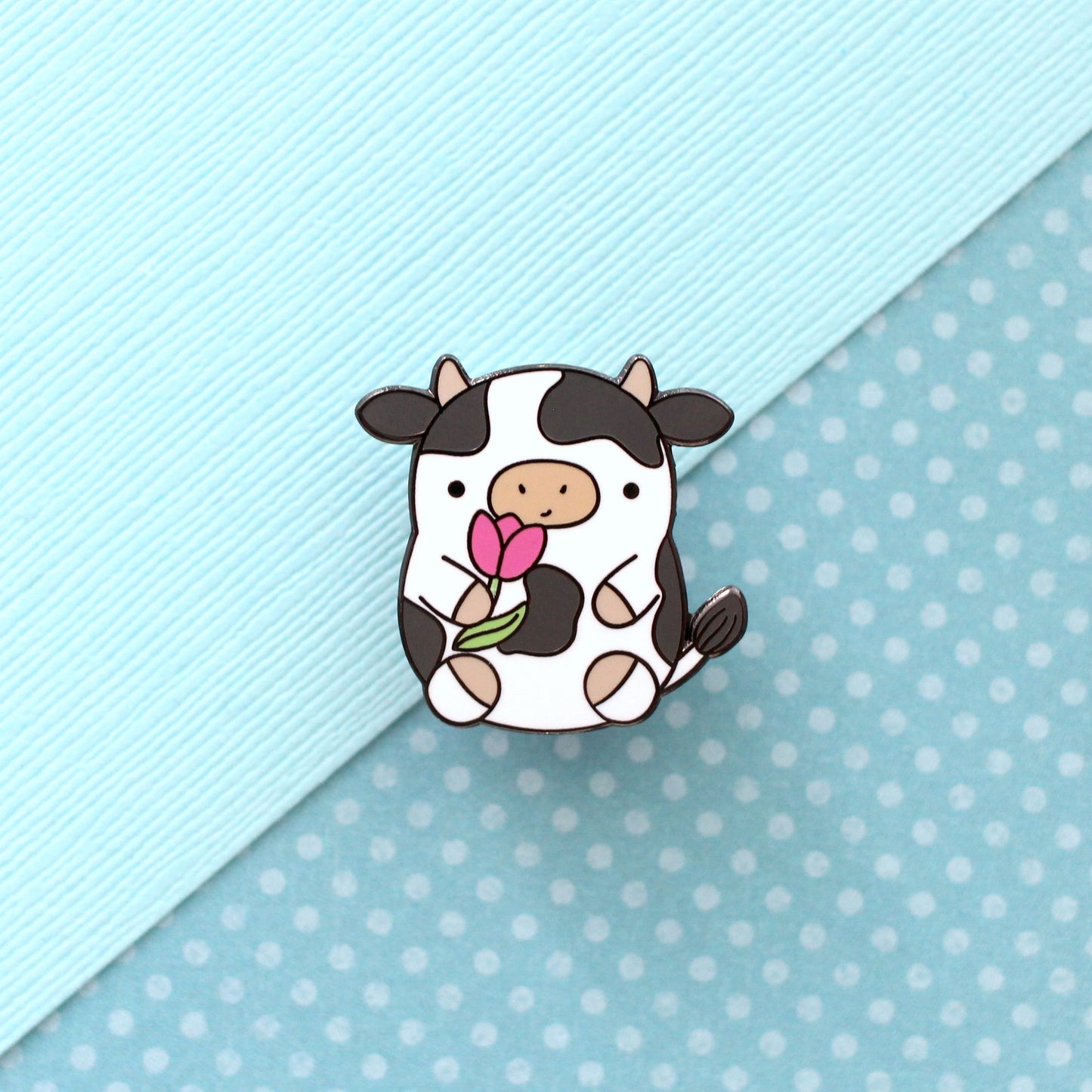 Cow Enamel Pin. Cute Cow Holding a Tulip. Kawaii Cow Pin: Black Nickel Plating