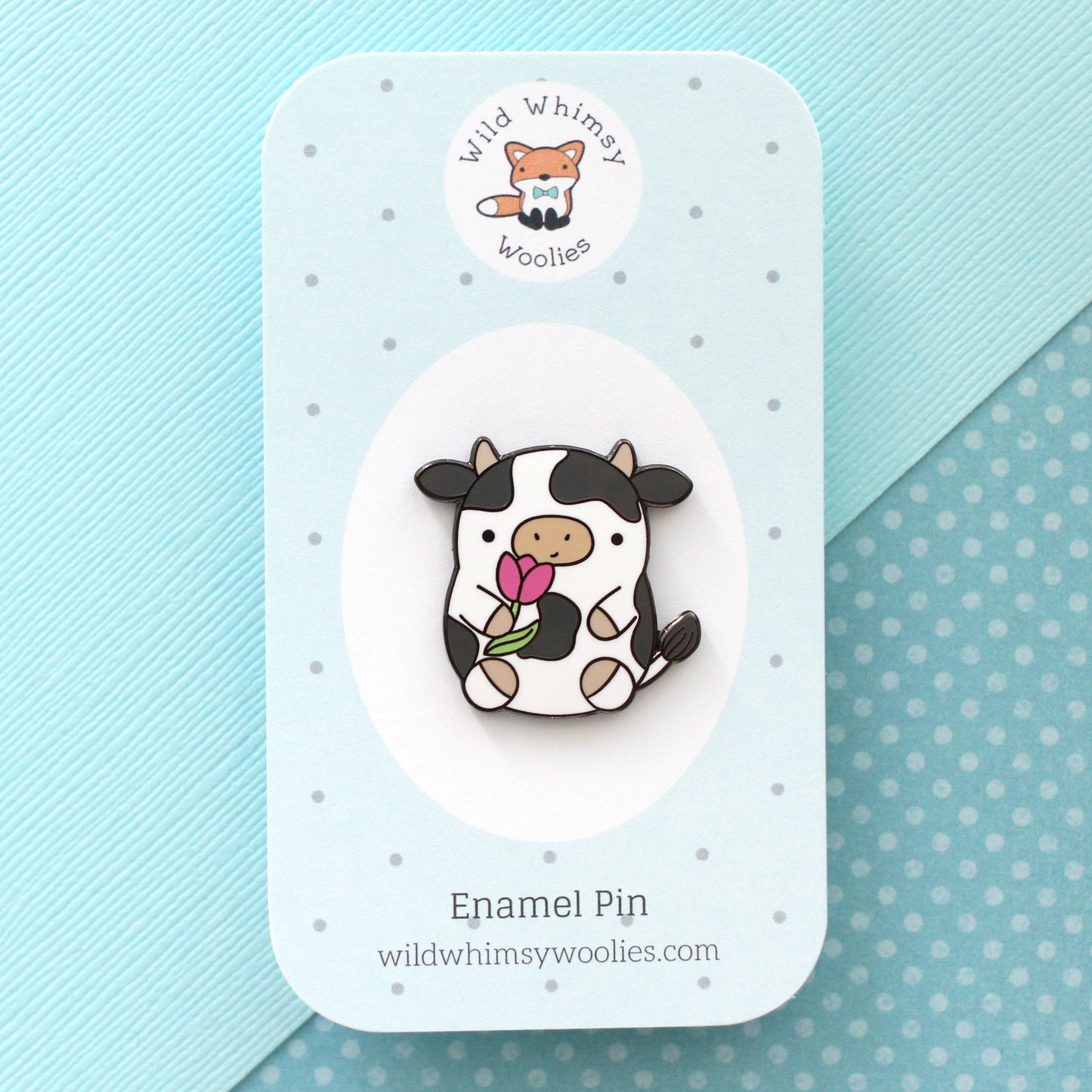 Cow Enamel Pin. Cute Cow Holding a Tulip. Kawaii Cow Pin