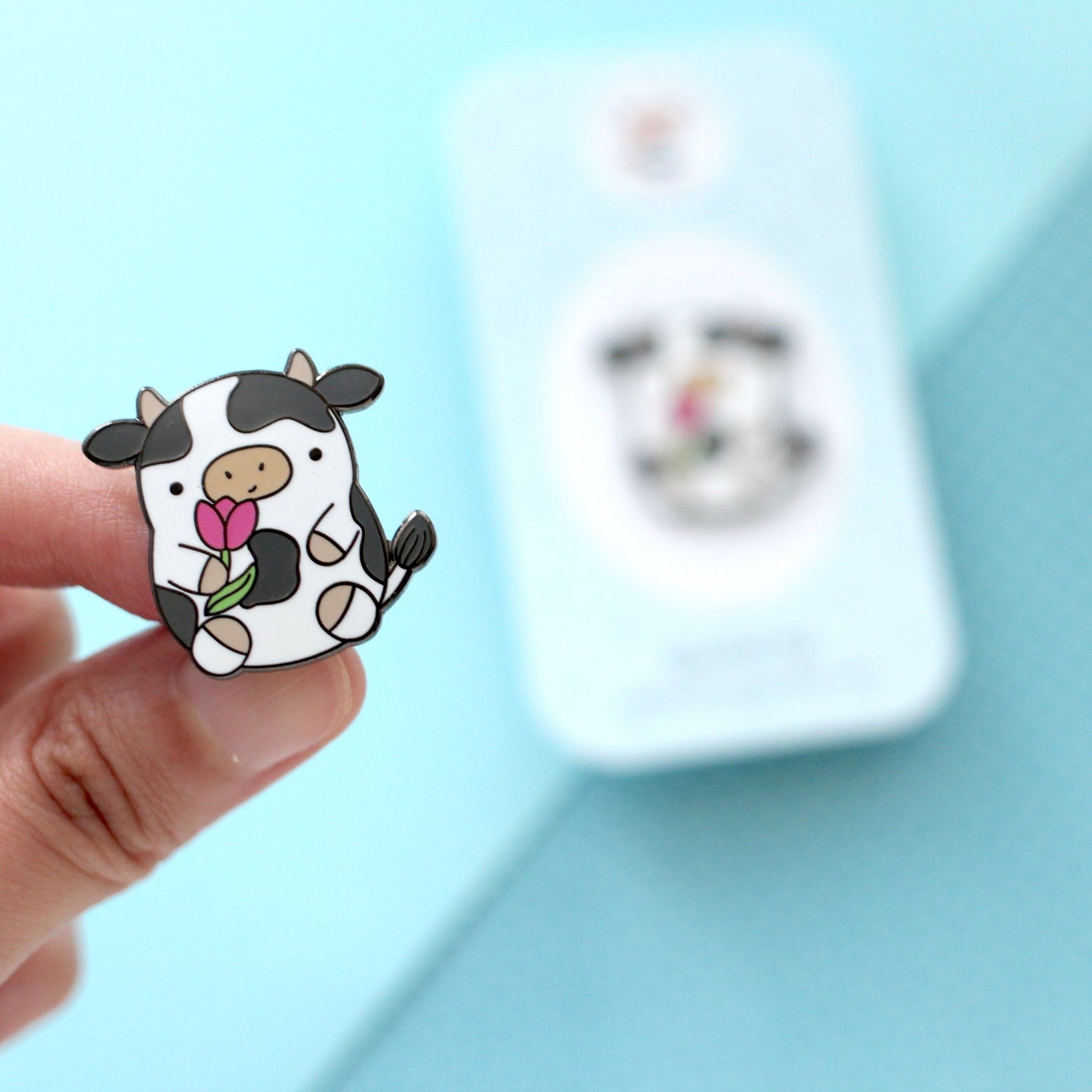 Cow Enamel Pin. Cute Cow Holding a Tulip. Kawaii Cow Pin