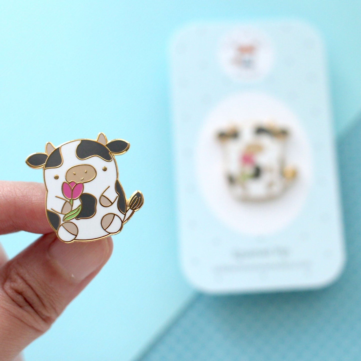 Cow Enamel Pin. Cute Cow Holding a Tulip. Kawaii Cow Pin