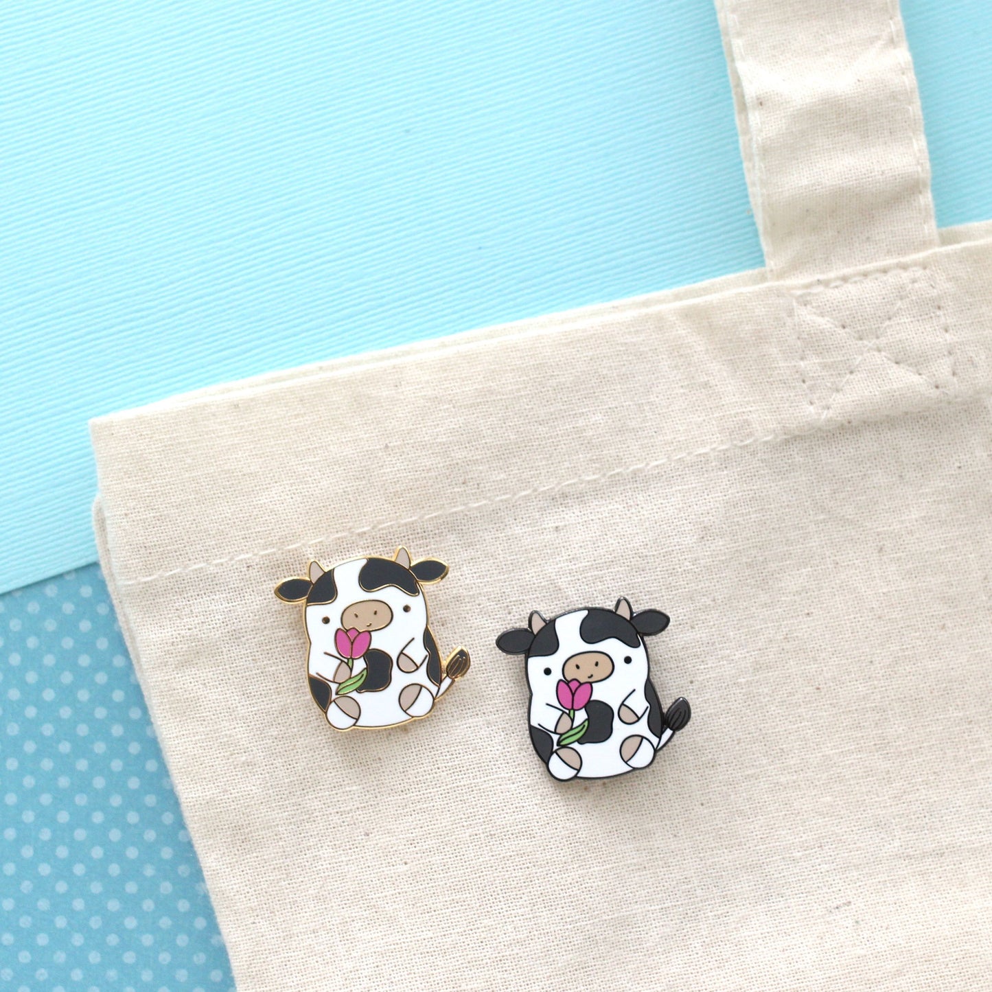 Cow Enamel Pin. Cute Cow Holding a Tulip. Kawaii Cow Pin