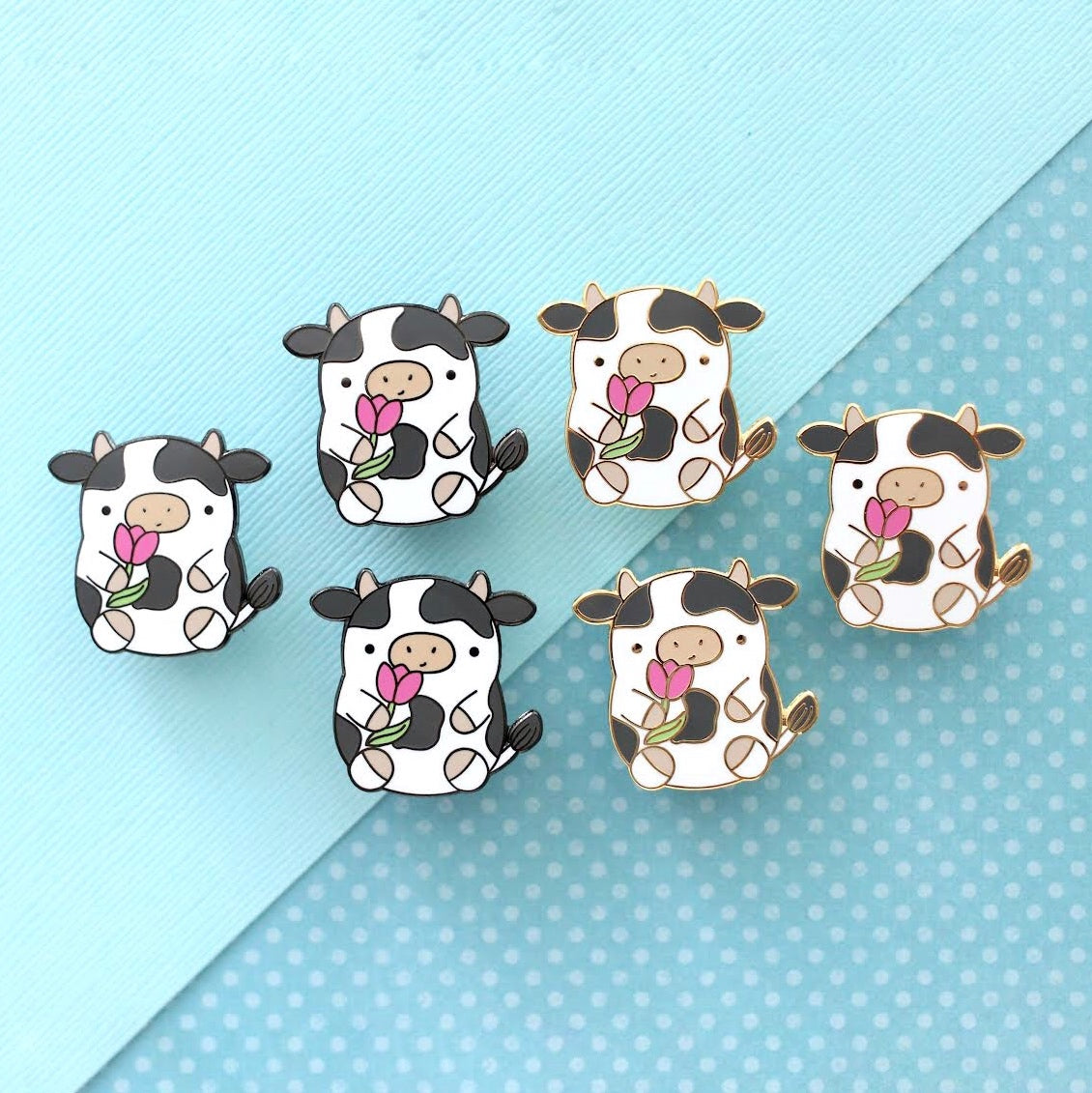Cow Enamel Pin. Cute Cow Holding a Tulip. Kawaii Cow Pin