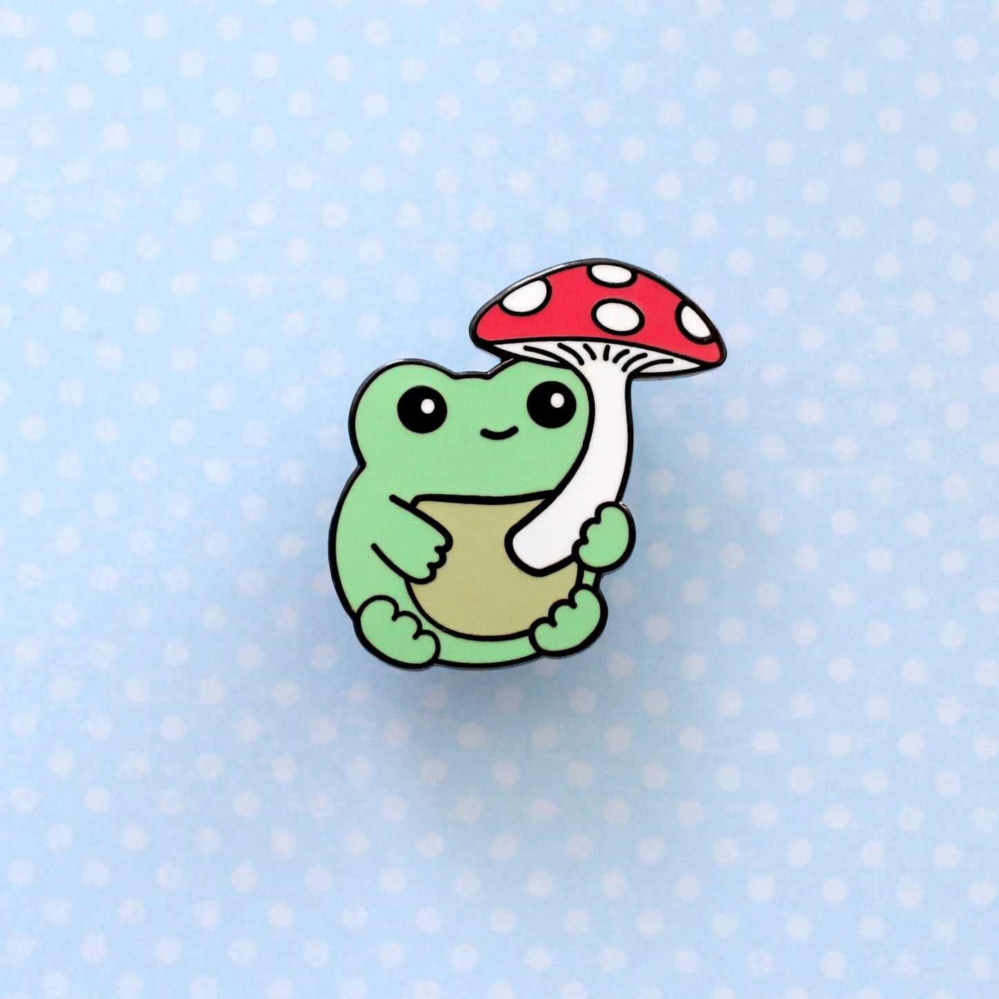 Green Frog with Mushroom Enamel Pin: Black Nickel Plating