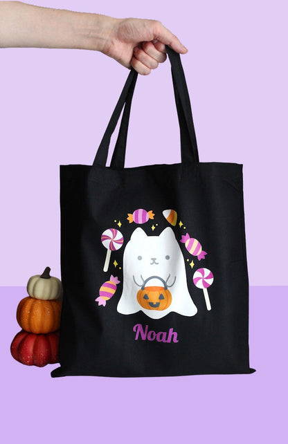 Personalized Ghost Cat Halloween Trick or Treat Tote Bag