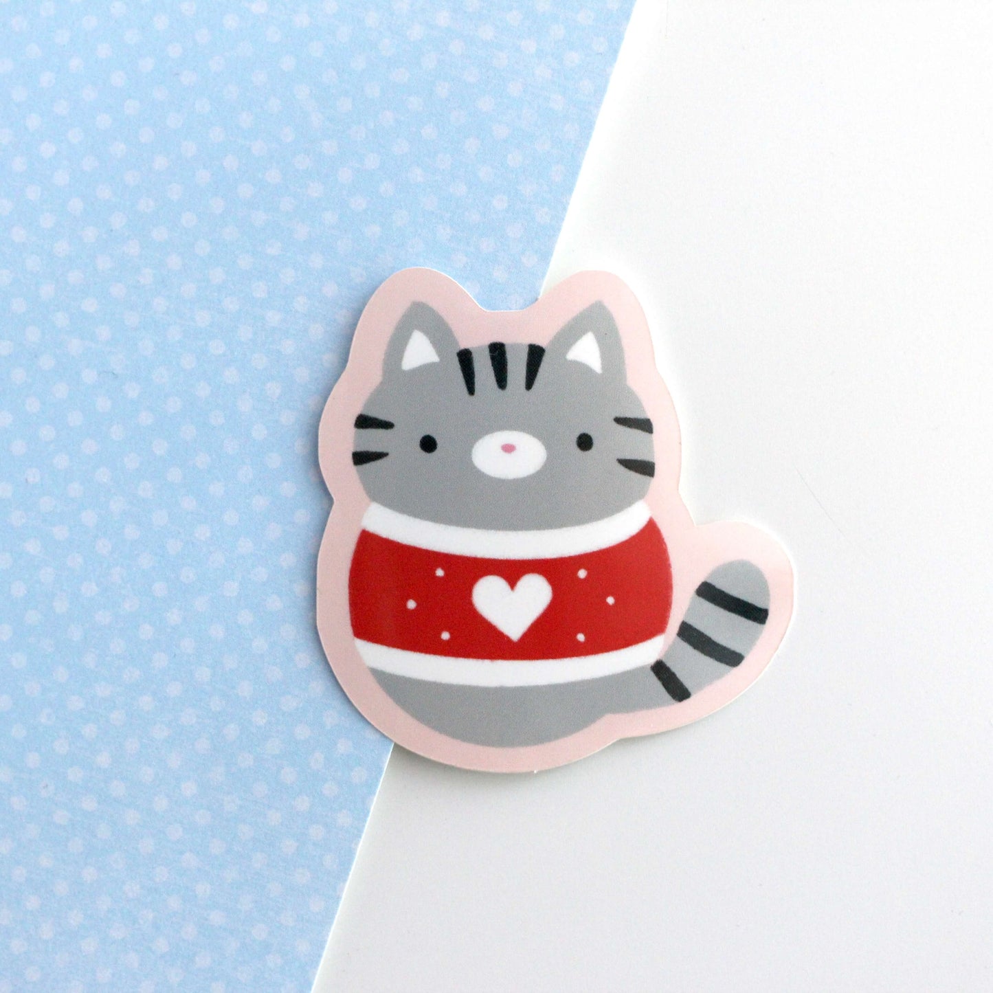 Christmas Sweater Cats Glossy Vinyl Stickers - Orange and Grey Tabby Cat Decals: Grey Cat Wearing Red Sweater
