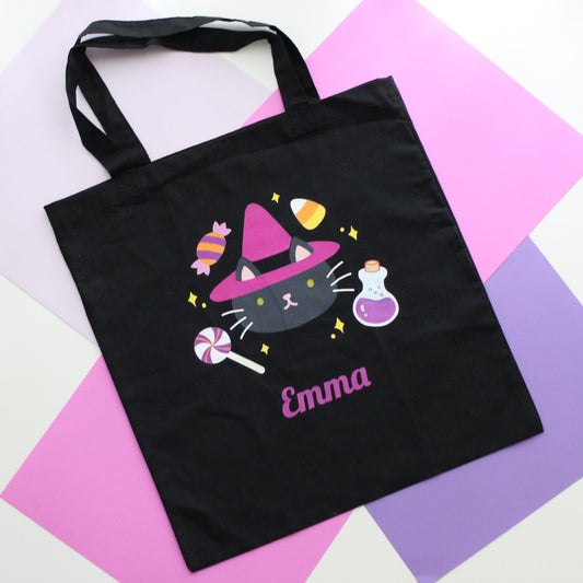 Personalized Cat Witch Halloween Trick or Treat Tote Bag