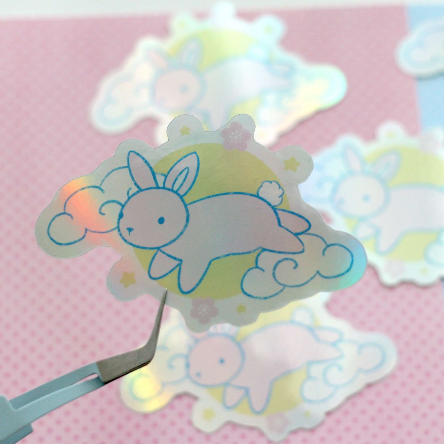 Holographic Lunar Bunny Sticker. Cute Rabbit Decal