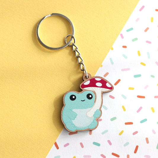 Mushroom Frog Wooden Keychain - Cute Wood Charm - Frog Accessories - Cottagecore