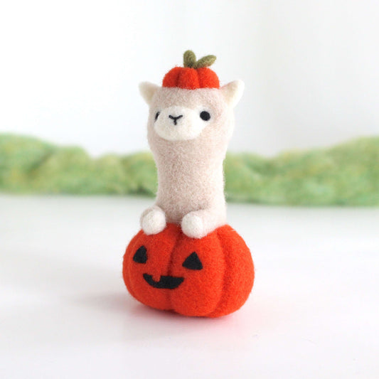 Needle Felted Alpaca in Jack-o'-Lantern