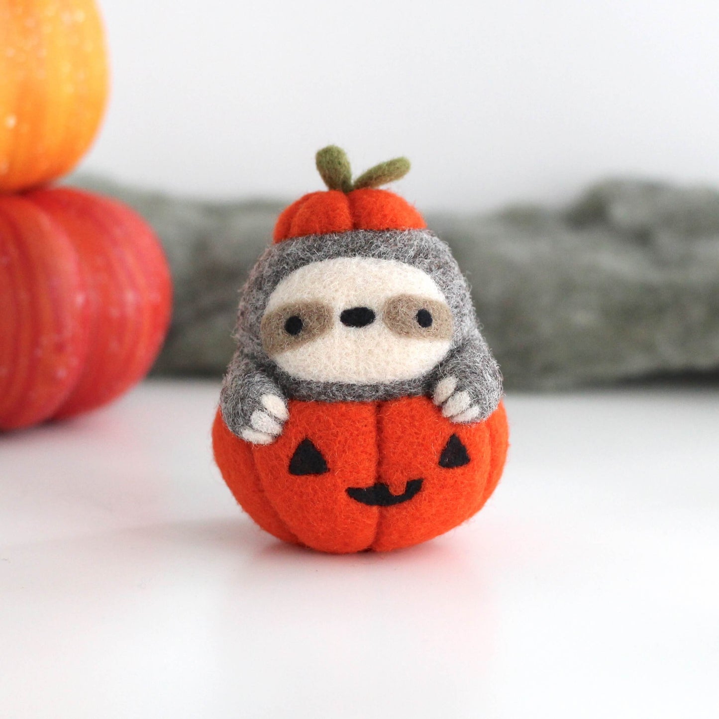 Needle Felted Sloth in Jack-o'-Lantern (Bright Orange)