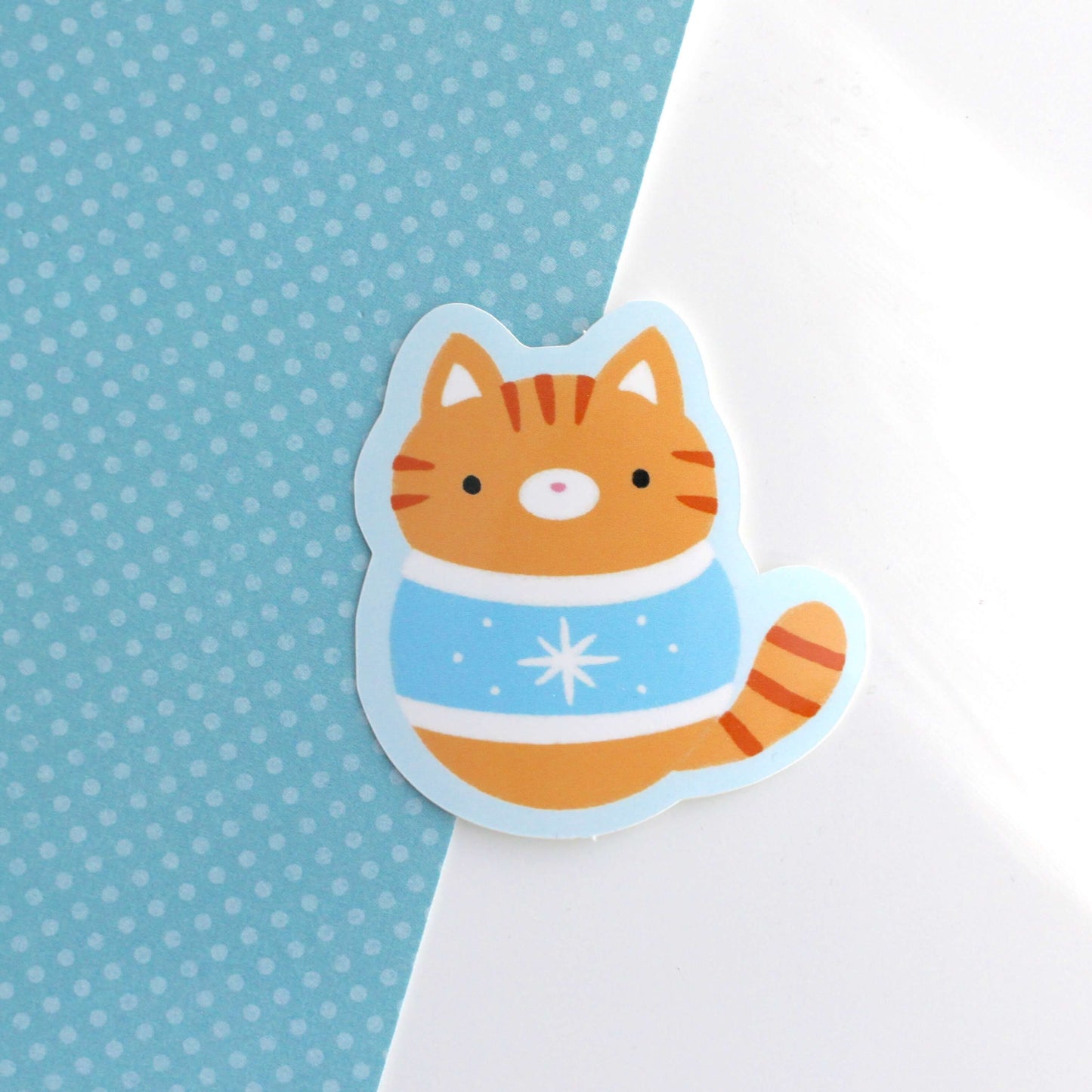 Christmas Sweater Cats Glossy Vinyl Stickers - Orange and Grey Tabby Cat Decals: Orange Cat Wearing Blue Sweater