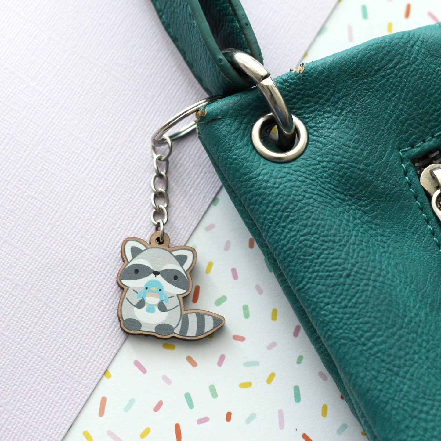 Cute Raccoon Wood Keychain. Trash Panda Purse Charm