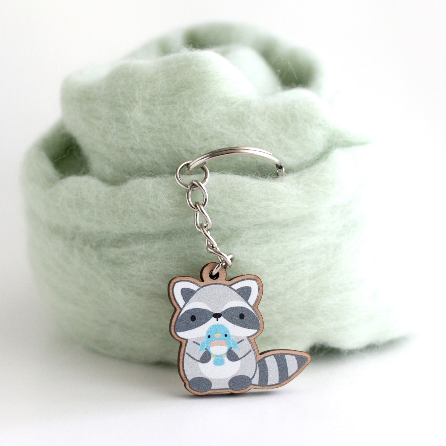 Cute Raccoon Wood Keychain. Trash Panda Purse Charm