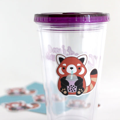 Red Panda Drinking Bubble Tea Vinyl Sticker. Boba Tumbler Water Bottle Decal