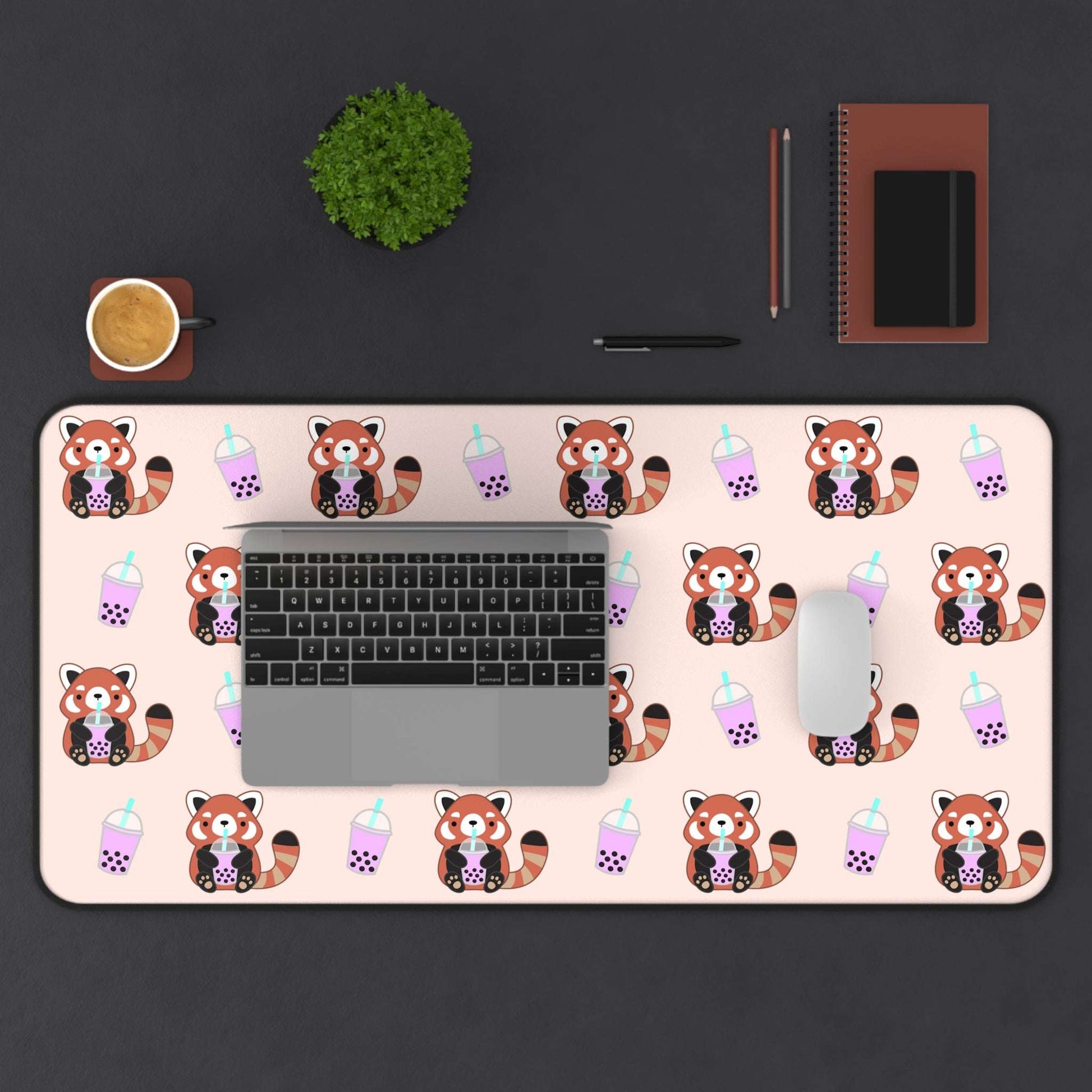 Red Panda Drinking Bubble Tea Desk Mat - Large Mouse Pad: 31" × 15.5"