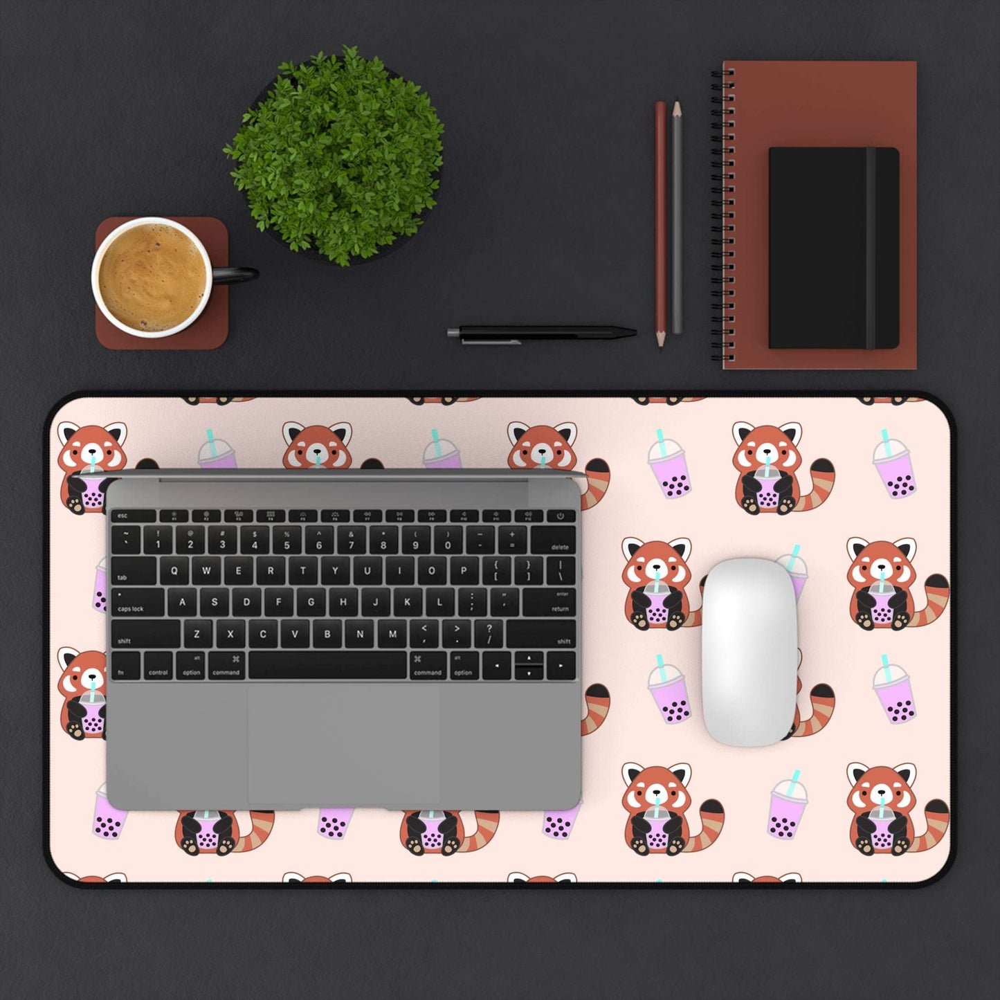 Red Panda Drinking Bubble Tea Desk Mat - Large Mouse Pad: 12" × 22"