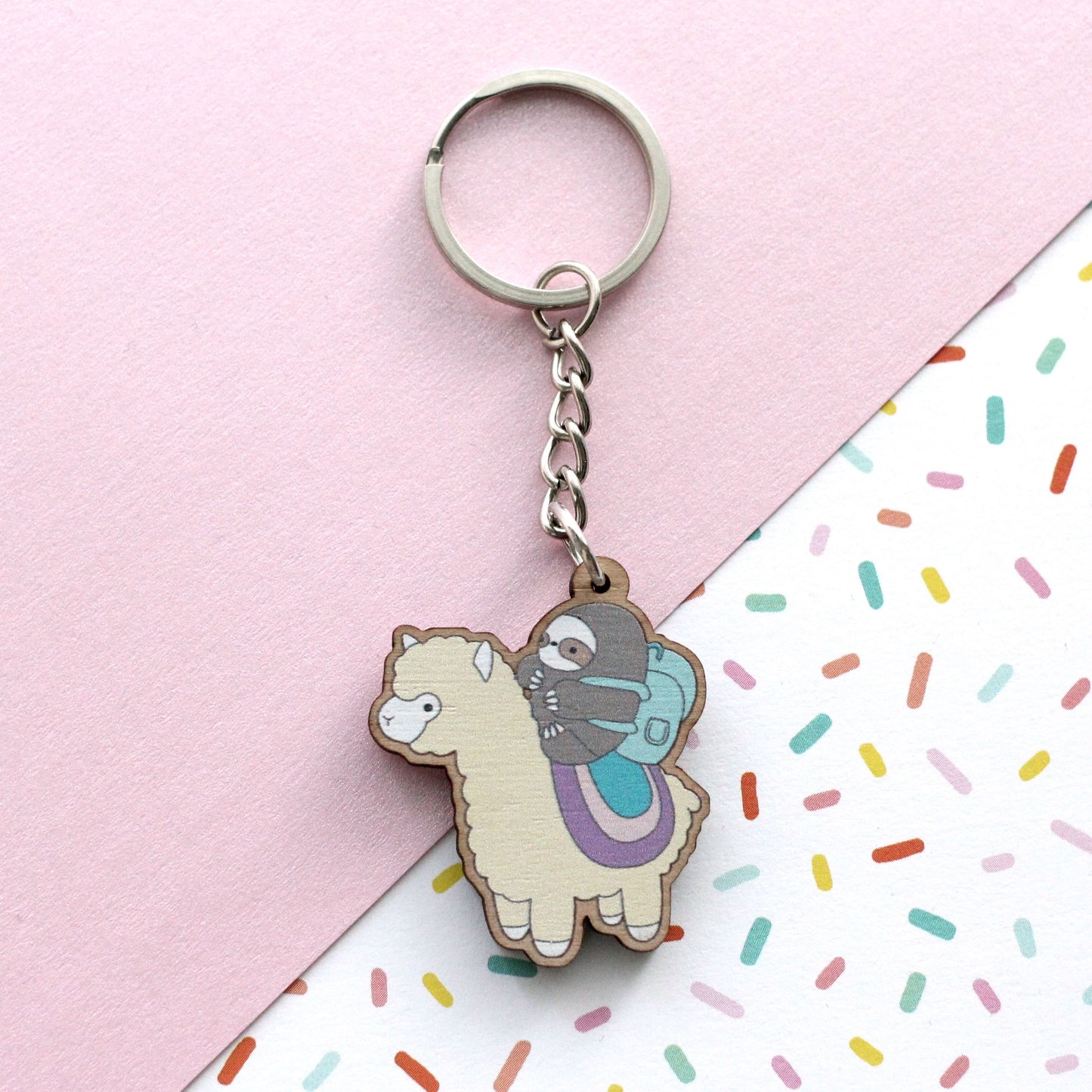 Sloth and Alpaca Adventurer Wooden Keychain (Light) - Sustainable Gift - Llama Gift