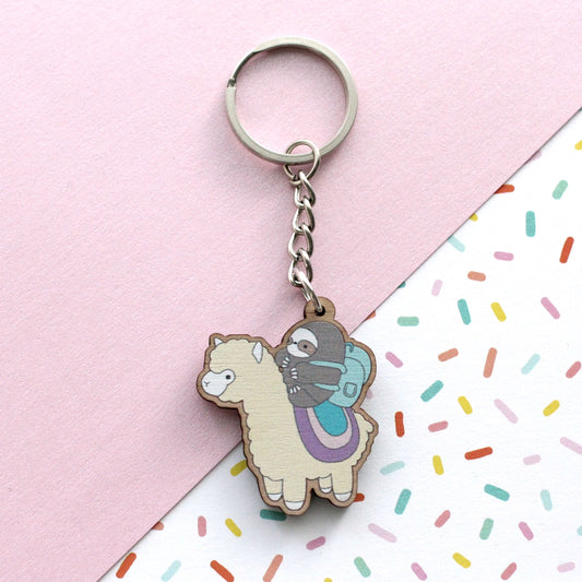Sloth and Alpaca Adventurer Wooden Keychain (Light) - Sustainable Gift - Llama Gift