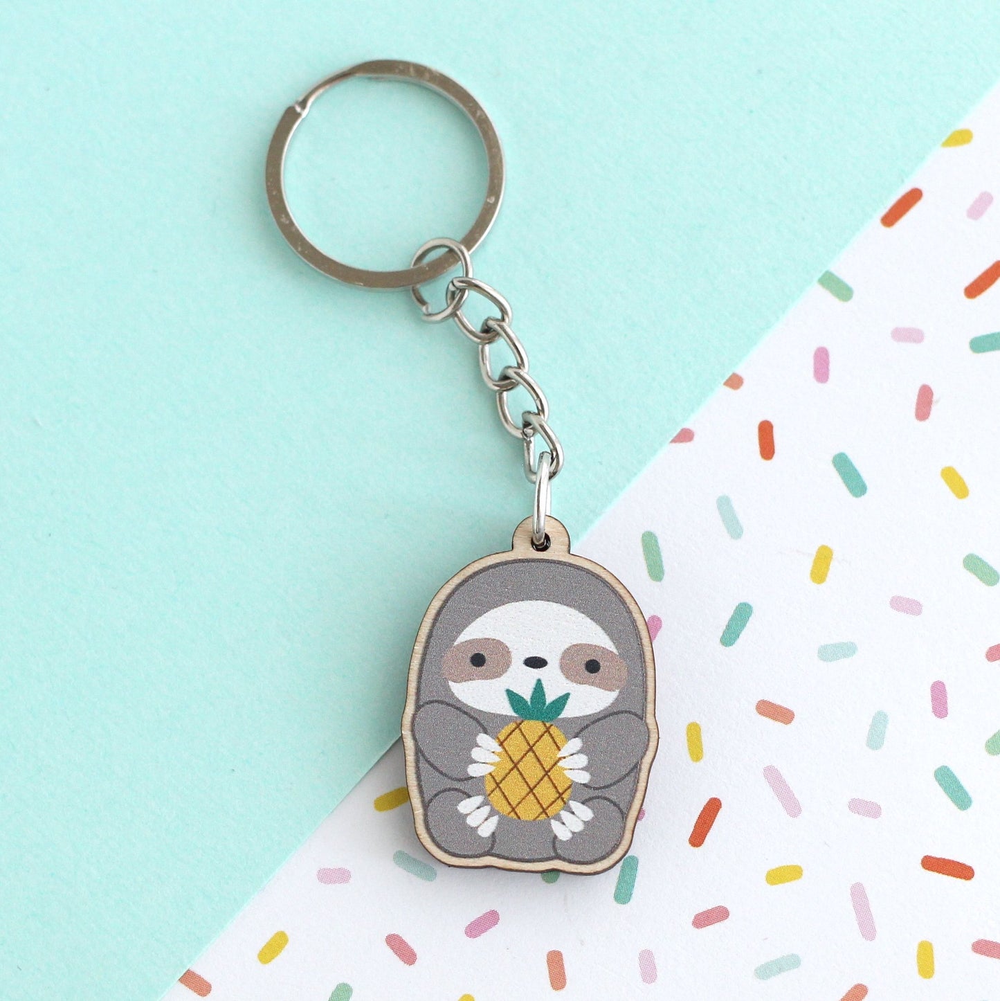 Pineapple Sloth Wooden Keychain - Sloth Gift - Sustainable Gift