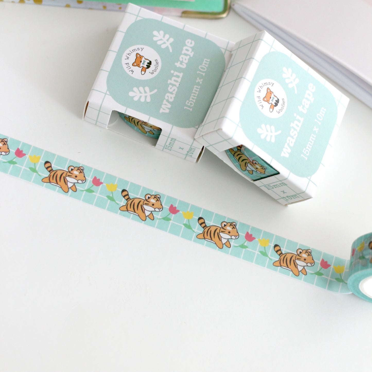 Leaping Tiger Washi Tape - Turquoise Grid Washi - Tiger Stationery