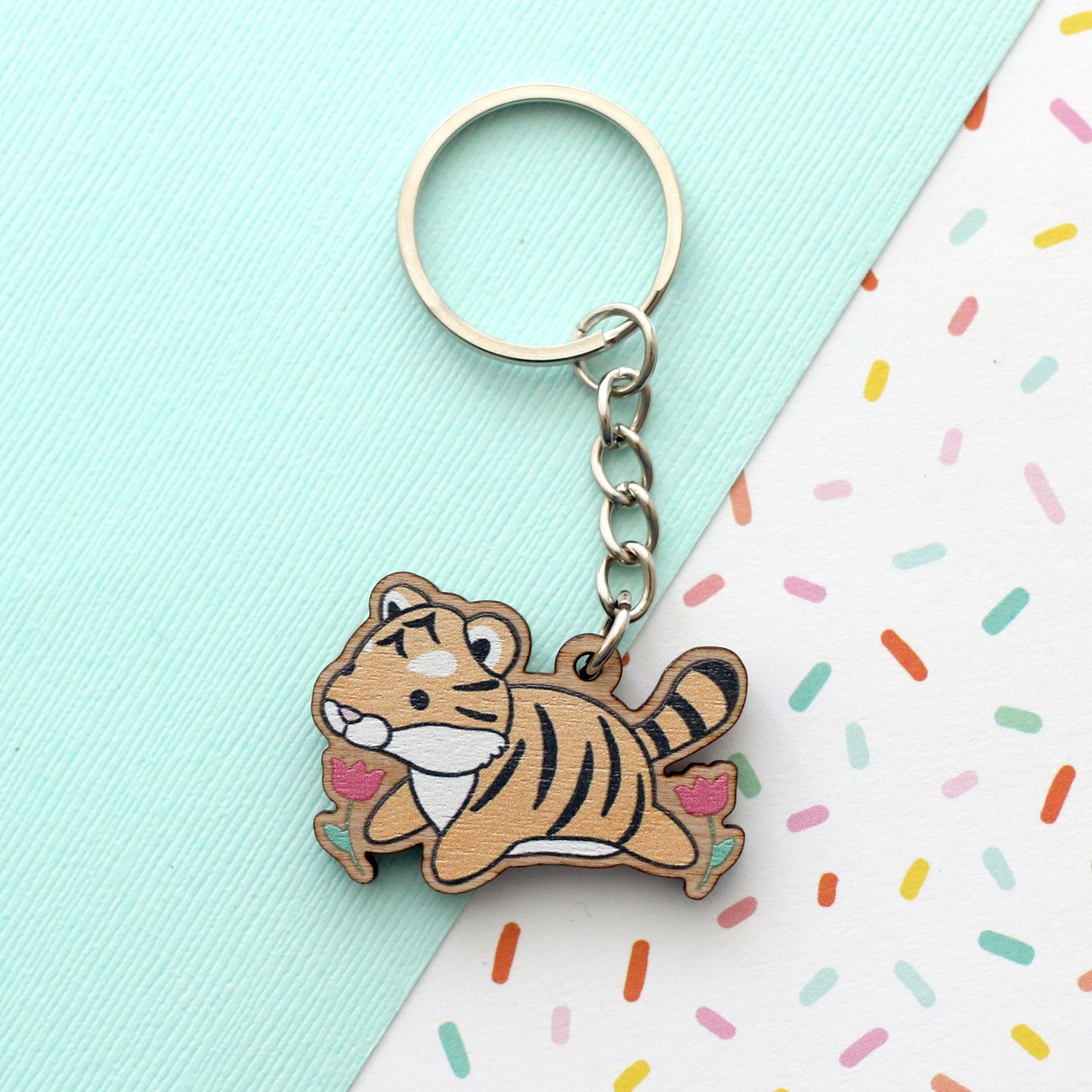 Wooden Tiger Keychain. Wood Charm. Tiger Purse Charm