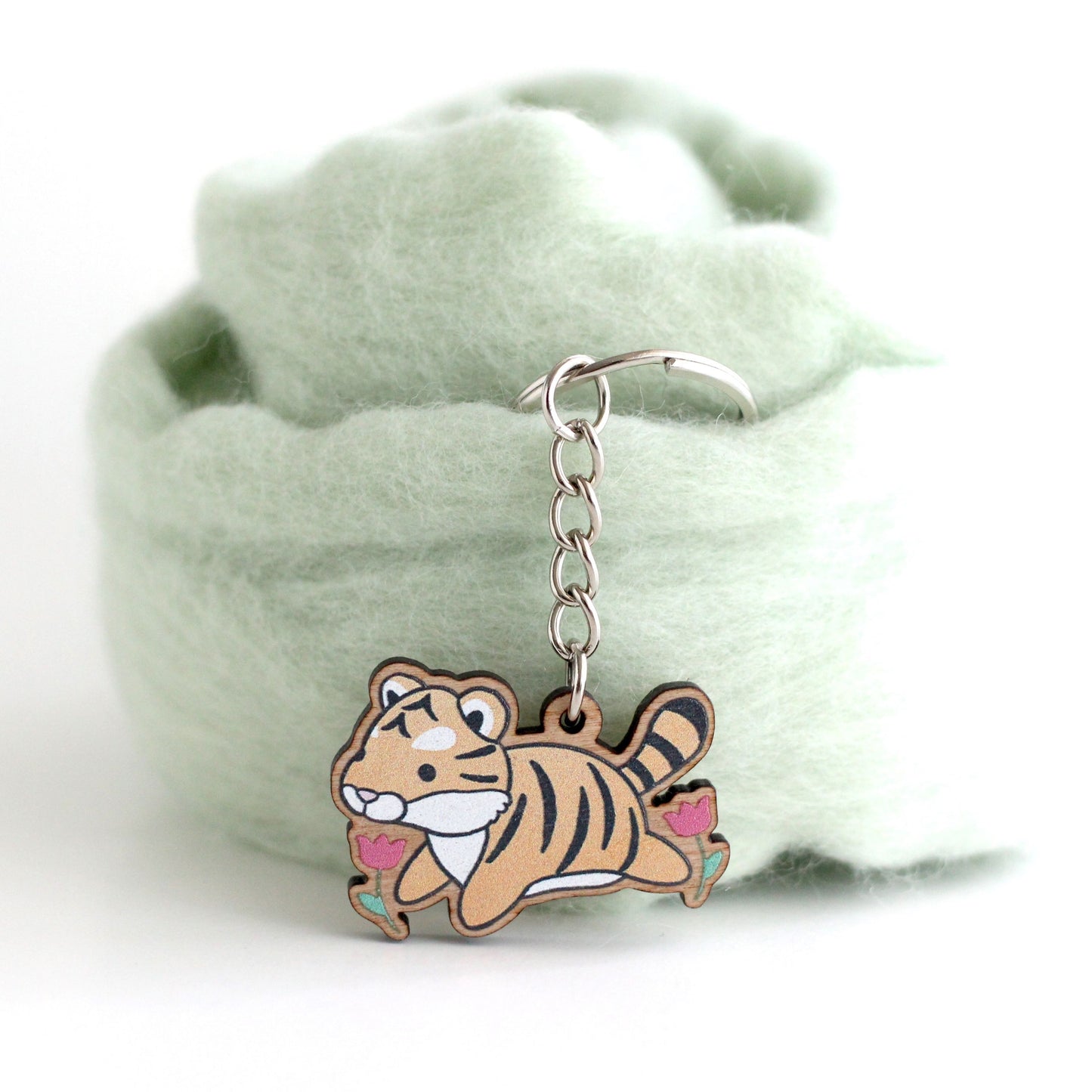 Wooden Tiger Keychain. Wood Charm. Tiger Purse Charm