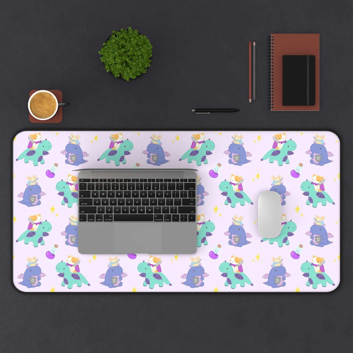 Cat and Mouse Dragon Knight Desk Mat - Large Mouse Pad: 31" × 15.5"