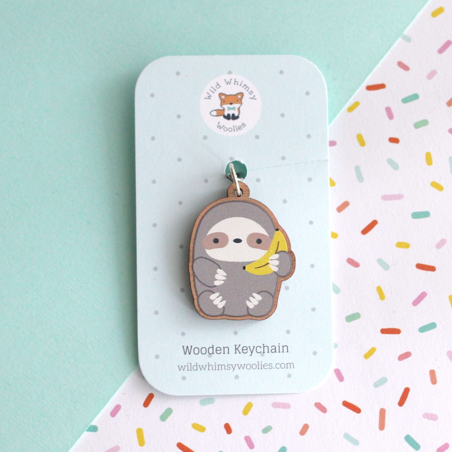 Banana Sloth Wooden Keychain - Cute Wood Charm - Eco-Friendly Gift