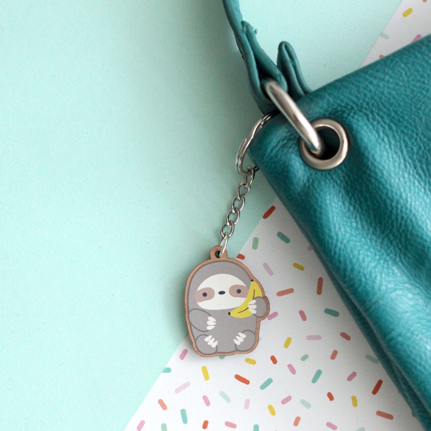 Banana Sloth Wooden Keychain - Cute Wood Charm - Eco-Friendly Gift